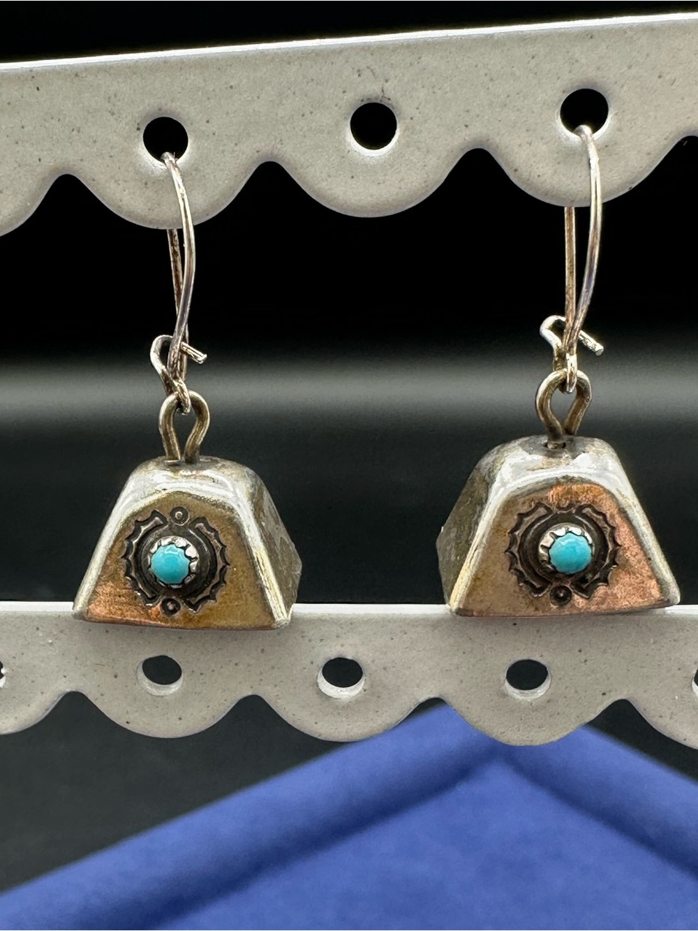 Vintage Southwestern Silver and Turquoise Color Bell Earrings Cowbell Dangle